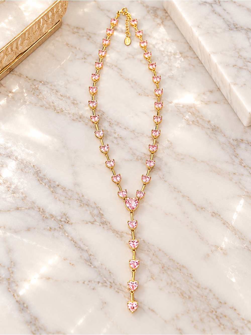 Gold Filled Pink Heart Lariat Necklace
